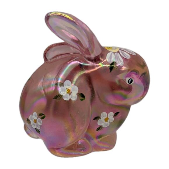 Fenton Signed Hand Painted Floral Pink Opalescent Glass Bunny Rabbit Figurine - Picture 1 of 8